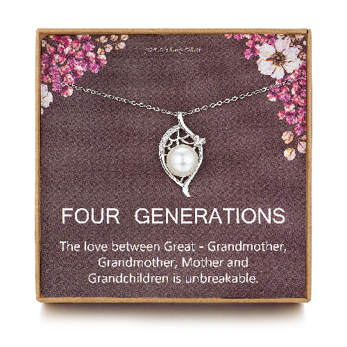 Four Generations Gift for Great Grandma - Sterling Silver Single Pearl Pendant Leaf Crystal CZ Generation Necklace for Great Grandmother, Mom Gift, Nana Gifts from Grandchildren, Mothers Day Jewelry